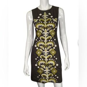 Anthropologie Tabitha Gray and Green Embroidered Crew Neck Sheath Dress size 6